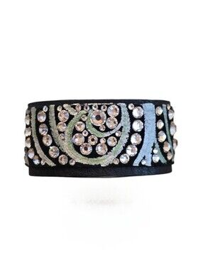 Caroline Rocha Handcrafted Black Leather Swarovski Crystal Snap Bracelet